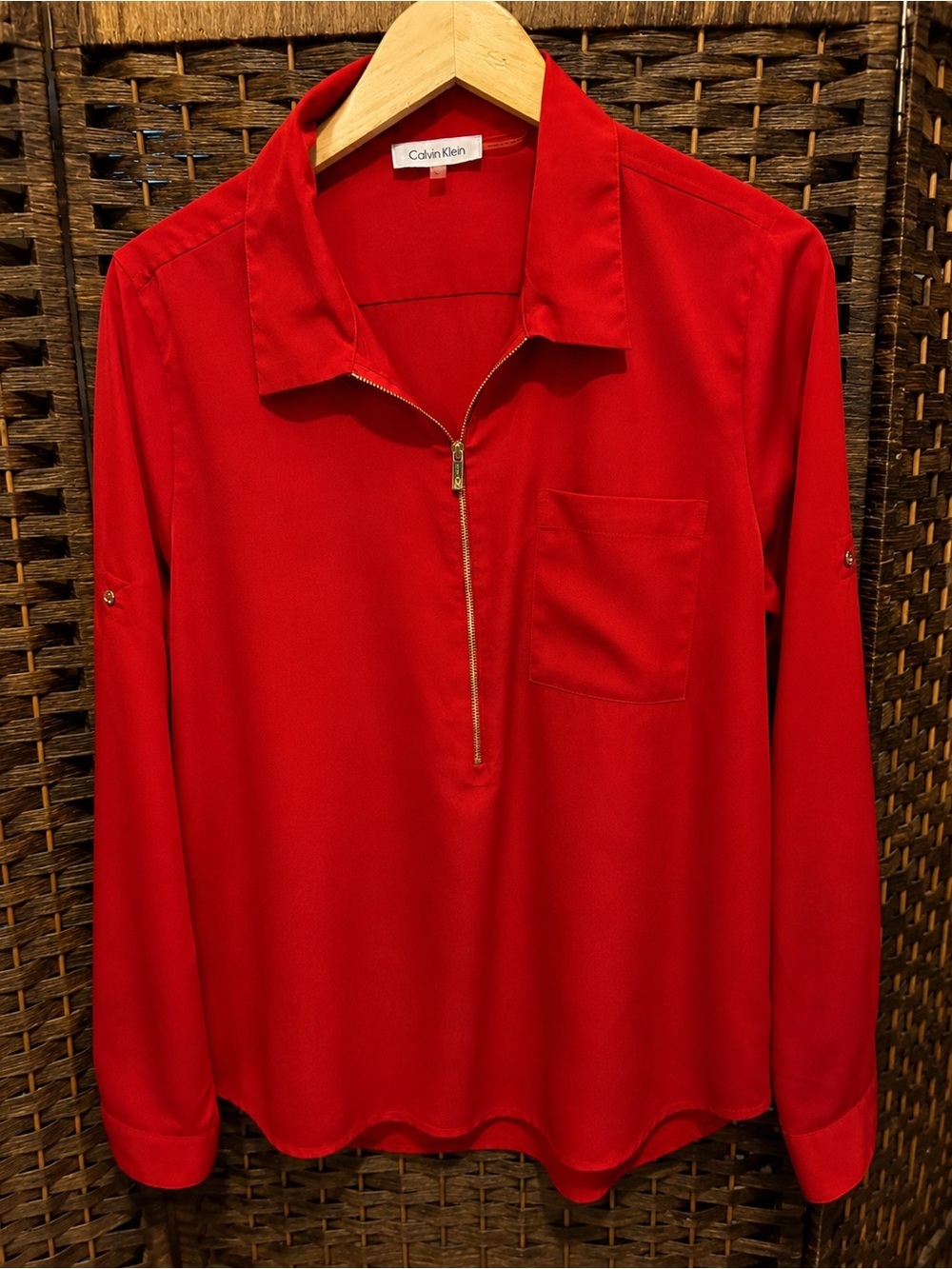 Calvin Klein Red Zip Front Blouse Top Women’s Long Sleeve Career Office L